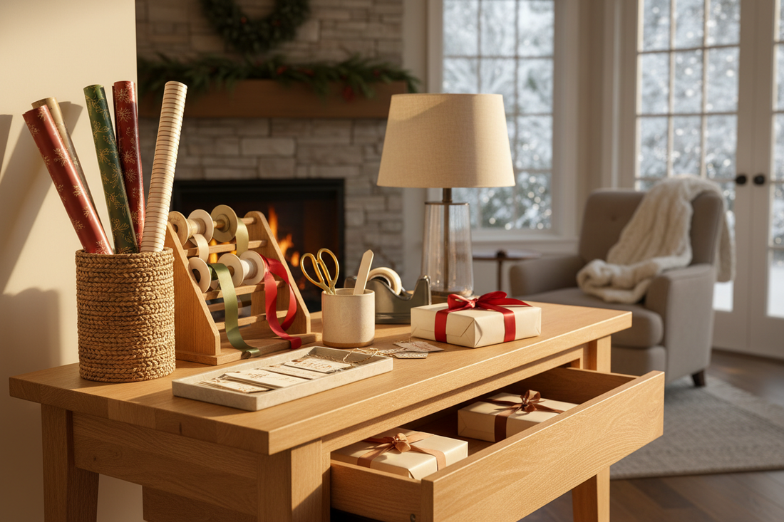 Holiday Gift-Wrap Station (Early-Winter Edition): One tidy setup that prevents paper explosions