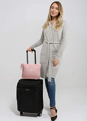 BlueHills Premium Soft Long Travel Blanket Pillow for Tall Airplane Flight Blanket 70 X48 inch Throw in Soft Bag case with Hand Luggage Belt & Backpack Clip Compact Pack Large Blanket Pink T055