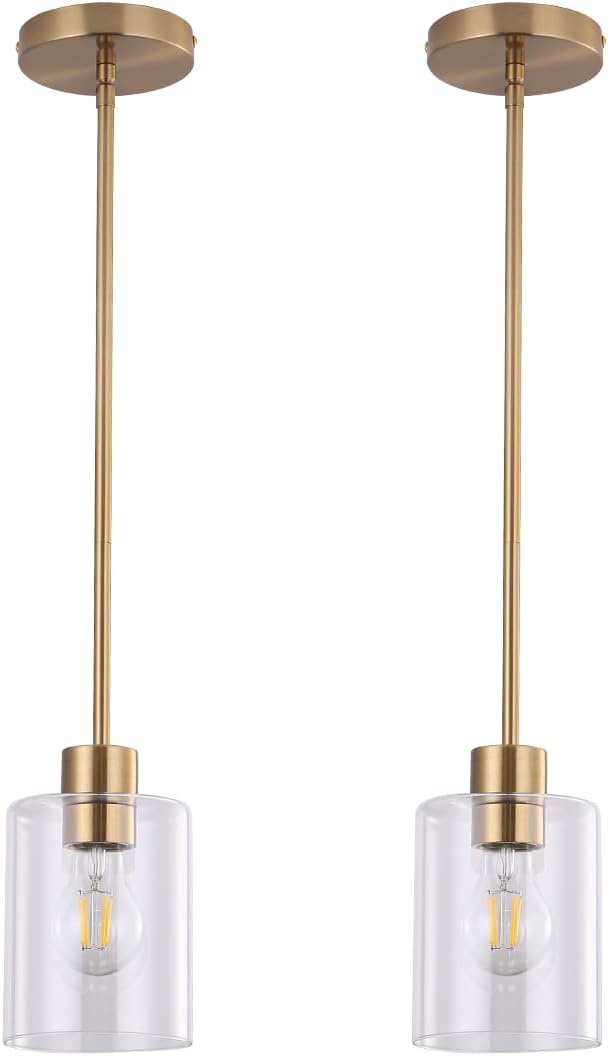 Brass Pendant Lights Kitchen Island,Modern Farmhouse Clear Glass Pendant Light,Gold Light Fixture Kitchen Pendant Mini Hanging Light Fixture for Sink (Brass 2 Pack stem Rod)