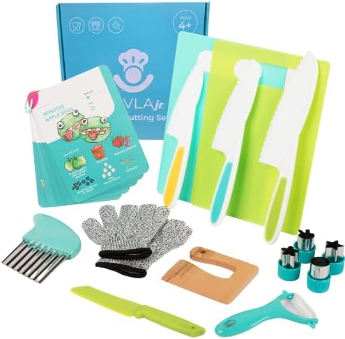 Kids Knife Set for Real Cooking - Montessori Kitchen Accessories & Visual Recipes by Tovla Jr. - Cutting Kit, Safe Knives, Cutting Board, Gloves, Peeler, Crinkle Cutter, & Recipe Booklet for Toddlers
