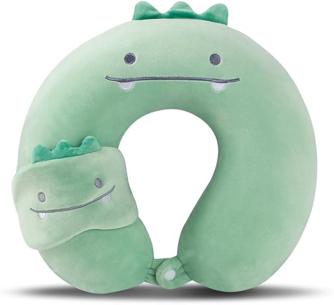Kids Neck Pillow for Travel with Sleep Eye Mask, Cute Travel Neck Pillow, Memory Foam Flight Sleeping Headrest Pillow for Boys & Girls, Airplane, Train, Car, Home Use - Green Dinosaur