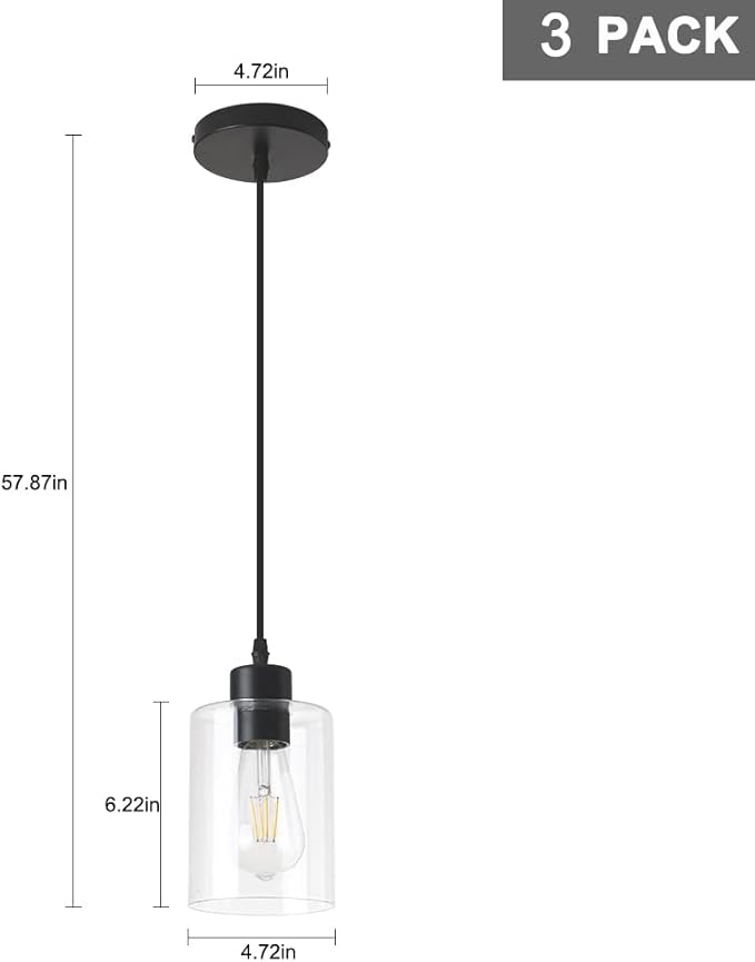 Modern Black Farmhouse Clear Glass Cylinder Pendant Light Fixture,Mini Pendant Lighting for Kitchen Island Decor - 4.75 Inch Shade, 2-58 Inch Cord (Black 3 Pack)