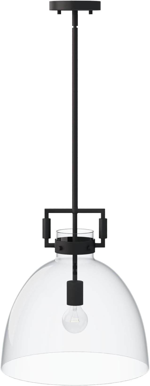 Nathan James Leigh Pendant Lighting, Black Hanging Ceiling Light with Oversized Glass Shade and Adjustable Cord, for Kitchen Island or Entryway, Matte Black/Clear, Set of 2