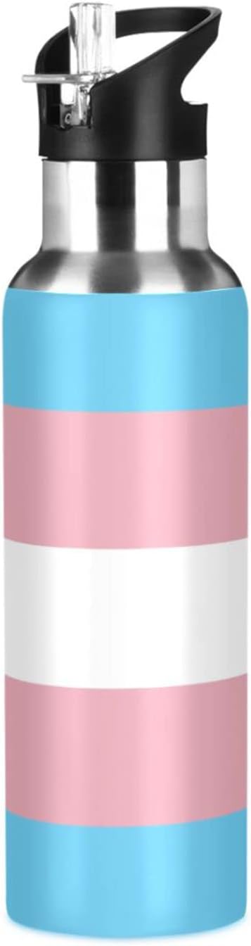 20 OZ Transgender Pride Flag Sports Water Bottle,Double Wall Vacuum Insulated Stainless Steel Pride Water Bottle with Straw Keeps Hot and Cold,Bike Running Travel Gym, Pride Month Day Gifts