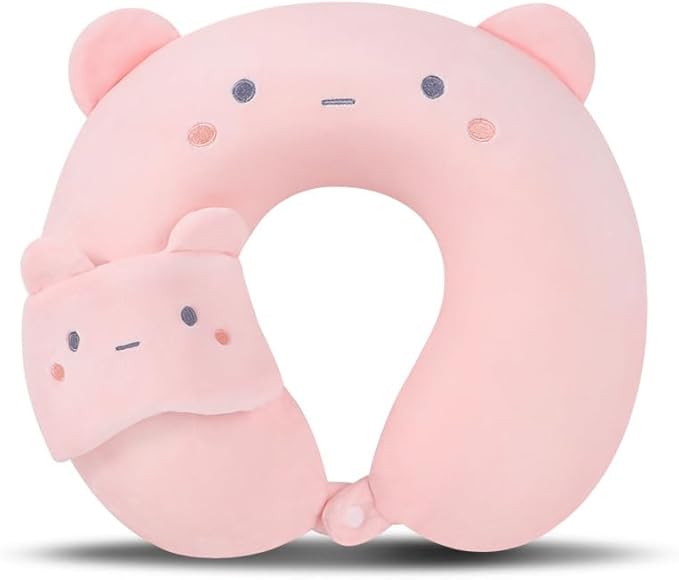 Kids Neck Pillow for Travel with Sleep Eye Mask, Cute Travel Neck Pillow, Memory Foam Flight Sleeping Headrest Pillow for Boys & Girls, Airplane, Train, Car, Home Use - Peach Bear