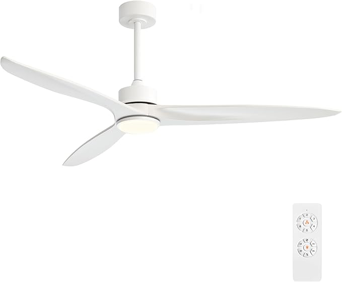 WINGBO 60 Inch DC Ceiling Fan with Lights and Remote Control, 3 Reversible Carved Wood Blades, 6-Speed Noiseless DC Motor, Modern Ceiling Fan in White Finish