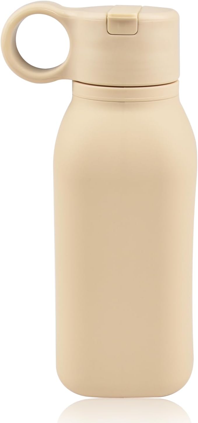 15oz/450ml Water Bottle, Silicone Travel Water Cup Leak-Proof/BPA Free Lightweight Sports Fitness Essential with Straw for Home Gym Work/Running/Camping/Hiking, Easy Carrying, Khaki