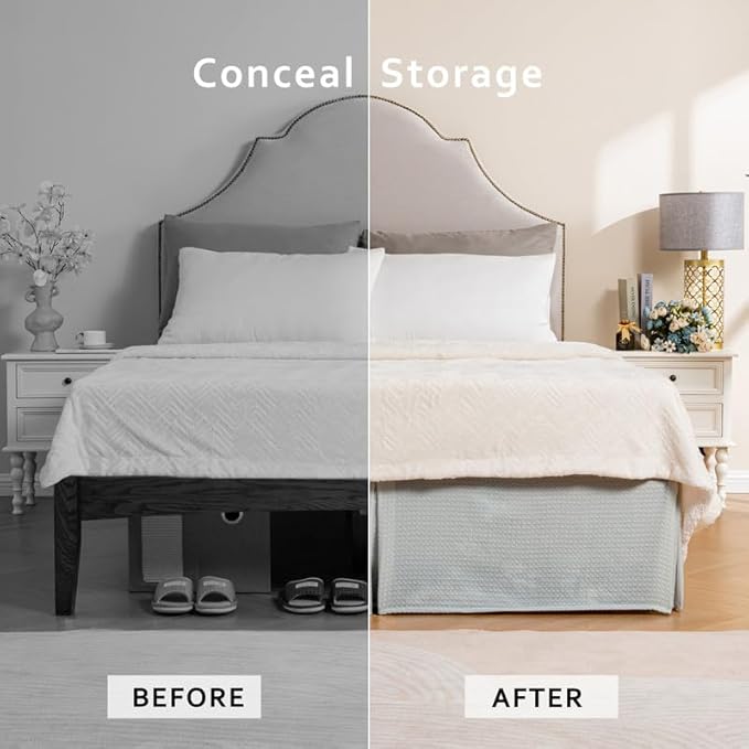 MIYE Pleated Waffle Weave Bed Skirt, Tailored Dust Ruffle 18 Inch Drop Easy Fit, Machine Washable (Light Grey, King - 18" Drop)