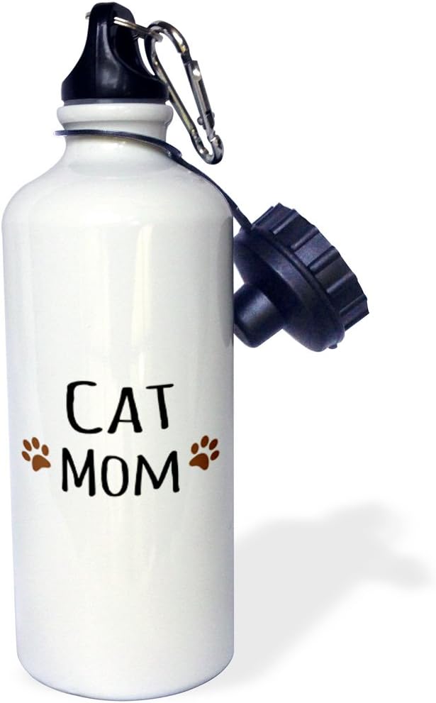 3dRose "Cat Mom text in black with two paw prints-for female pet owners and kitty lovers" Sports Water Bottle, 21 oz, White