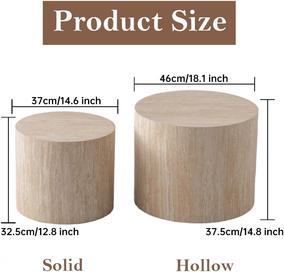 Round Nesting Coffee Table Set of 2 Modern Round Fluted Coffee Table Small Circle Coffee Tables Circular Side Table End Table Nested Coffee Tables for Living Room (Travertine 18in)