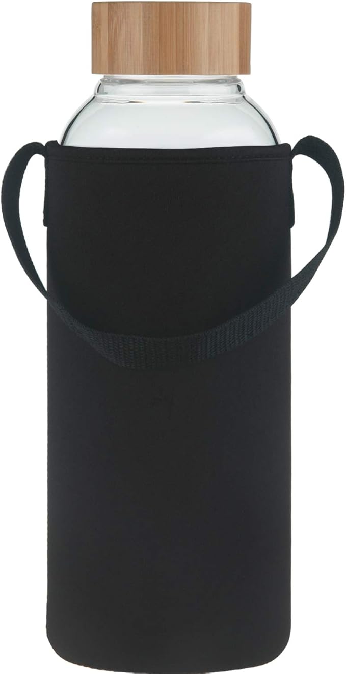 48 oz Sports Borosilicate Glass Water Bottle with Bamboo Lid with Neoprene Sleeve