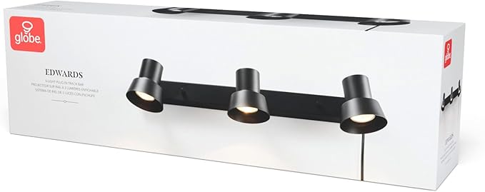 Globe Electric 64000115 22" 3-Light Plug-in Track Lighting, Matte Black, Pivoting Track Heads, 15-Foot Black Cord, in-Line on/Off Rocker Switch