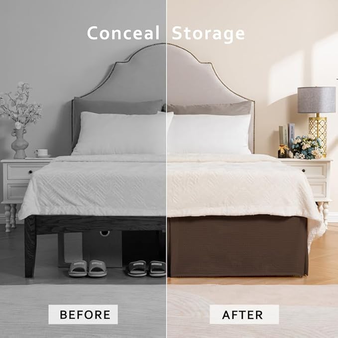 MIYE Pleated Waffle Weave Bed Skirt, Tailored Dust Ruffle 18 Inch Drop Easy Fit, Machine Washable (Brown, Twin - 18" Drop)