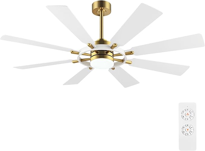 60" Ceiling Fan with Lights and Remote Control, Wood 8 Blades 6-Speed Noiseless Reversible DC Motor, Modern Large Ceiling Fan for Office Bedroom Dining Living Room, Gold Finish+White