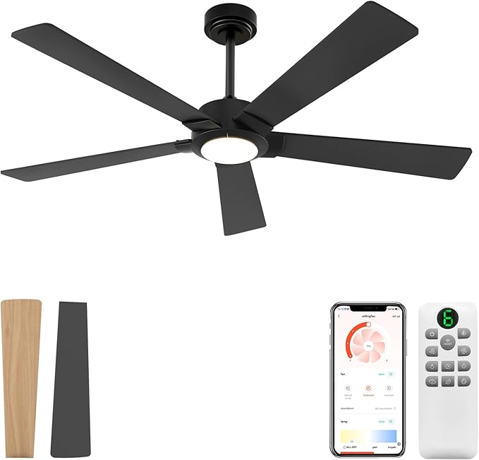 GESUM Black Ceiling Fan with Light, 52 In Outdoor Ceiling Fan for Patio, 5 Reversible Blades, Dimmable, 3CCT, Smart Ceiling Fan with Remote/App Control for Living Room Kitchen Bedroom (Black)