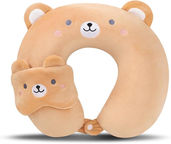 Kids Neck Pillow for Travel with Sleep Eye Mask, Cute Travel Neck Pillow, Memory Foam Flight Sleeping Headrest Pillow for Boys & Girls, Airplane, Train, Car, Home Use - Brown Bear