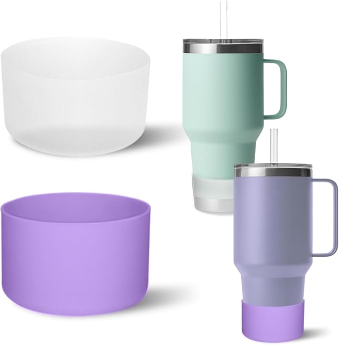 2 PCS Silicone Protective Boot for Yeti Rambler 20oz/25oz/30oz/35oz Tumbler, Anti-Slip Protective Silicone Water Bottle Bottom Boot Sleeve Cover for Yeti Tumbler [Purple+Transparent]