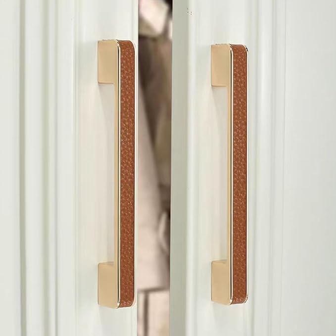 Leather Handle Brass Leather Handle Nordic Minimalist Style Handle Wardrobe Dressing Table Bedroom Living Room Kitchen Handle Hardware Furniture - 2 Pack (Brown, 128mm(5in))