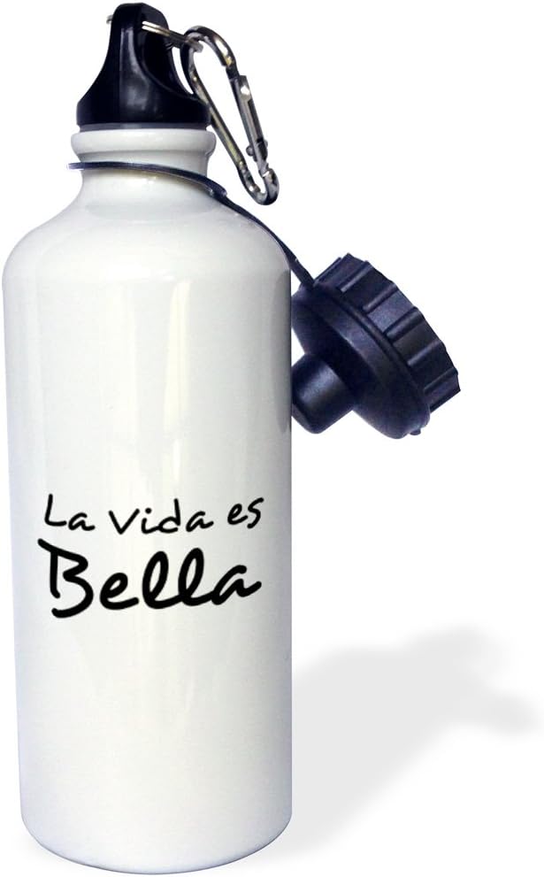 3dRose Est La Vida es Bella-Life is Beautiful in Spanish-black and white text-Sports Water Bottle, 21oz , Multicolored