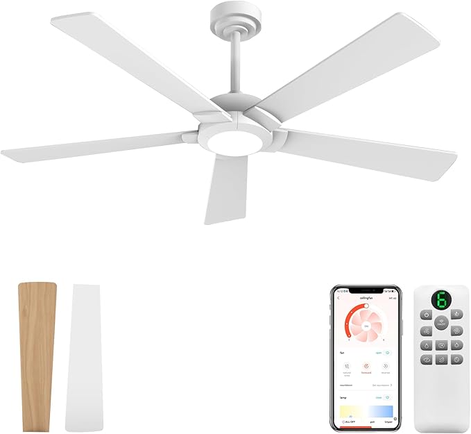 GESUM 52 In Ceiling Fan with Light, Outdoor Ceiling Fan with 5 Reversible Blades, 6 Speeds, Dimmable, 3CCT, Modern Smart Ceiling Fan with Remote/App Control for Patio Kitchen Bedroom (White)