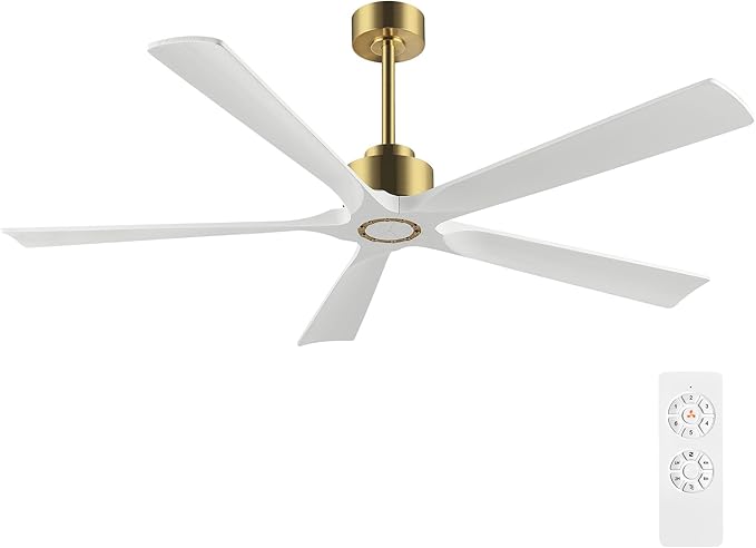 60 Inch Modern Ceiling Fan without Light, 5 Solid Wood Blades 6-Speed Noiseless Reversible DC Motor, Ceiling Fan with Remote Control for Bedroom Living Room, White Gold Finish