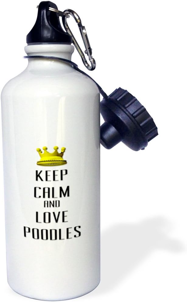 3dRose "Gold Crown Keep Calm And Love Poodles" Sports Water Bottle, 21 oz, White