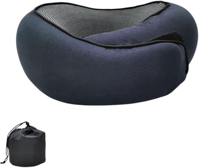 Memory Foam Neck Pillow for Travel, Adjustable Velcro Strap, Durable and Easy to Clean.Reduces Pressure Points and Promotes Better Alignment, Helping Prevent Neck Pain (Navy-Blue).