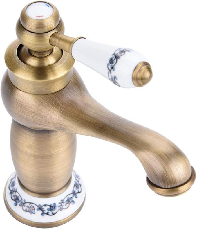 Elegant Bathroom Sink Faucet Single Hole,Cold and Hot Water Basin Sink… (Gold Blue and White Porcelain)