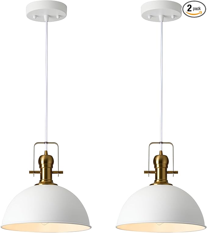 12 Inch Sandy White Farmhouse Pendant Lights Pendant Lights for Kitchen Island Industrial Adjustable Height Vintage Dome Hanging Light Fixtures for Barn, Dining Room 2 Packs