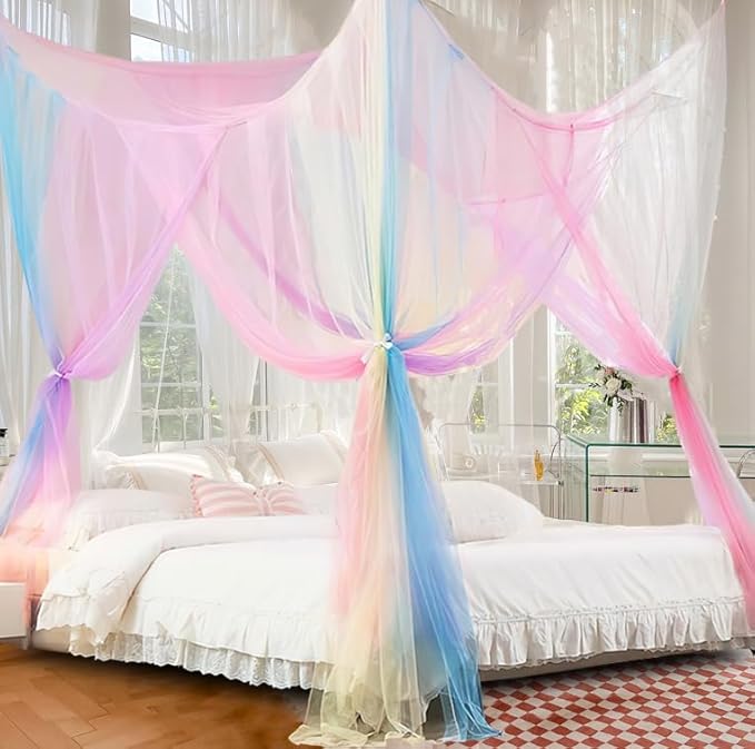Curtains Bed Canopy Rainbow Mosquito Net for Bed Canopy Four Corner Post Elegant Mosquito Net Set, Stick Hook &Profession Rope for net, Screen Netting Canopy Curtains, Full/Queen/King