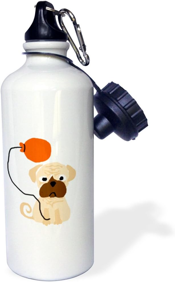 3dRose Funny Pug Puppy Dog Holding Orange Balloon-Sports Water Bottle, 21oz , 21 oz, Multicolor