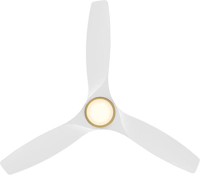 Skylark Indoor and Outdoor 3-Blade 54in Smart Flush Mount Ceiling Fan in Soft Brass Matte White Adjustable CCT 2700K-3000K-4000K-5000K LED Light Kit Remote Control works with Alexa, iOS or Android App