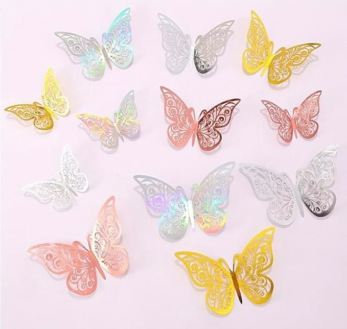3D Butterfly Wall Decor 48 Pcs 4 Styles 4 Colors 3 Sizes,Gold Silver Laser Rose Butterfly Decorations for Butterfly Birthday Decorations Butterfly Party Decorations Cake Decorations,Removable Sticker