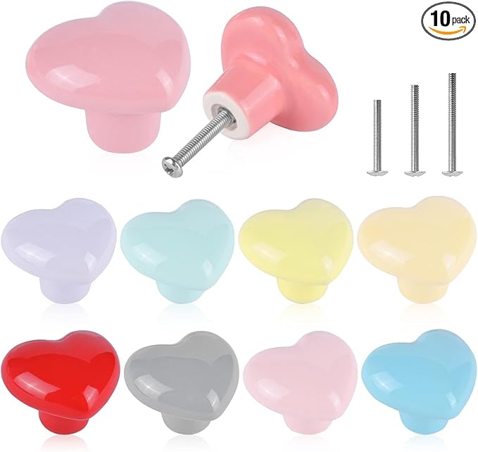 10x Colorful Cute Glossy Ceramic Knobs Love Heart Shape Lovely Door Pull Knob Cabinet Closet Ceramic Drawer Cupboard Kitchen Dresser Kids Child Girls Bedroom Pulls Wardrobe Handles
