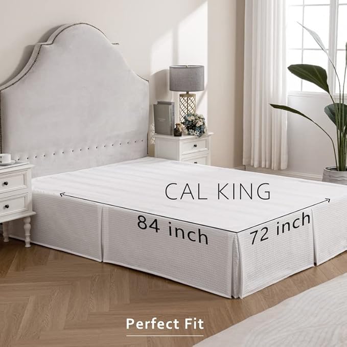 MIYE Pleated Waffle Weave Bed Skirt, Tailored Dust Ruffle 22 Inch Drop Easy Fit, Machine Washable (White,Cal King - 22" Drop)