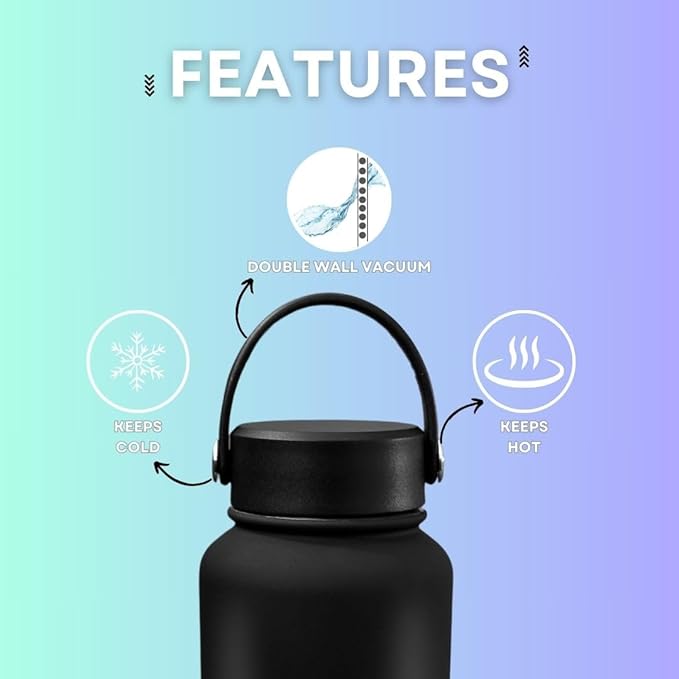 32 OZ Double Wall Stainless Steel Vacuum Bottle Insulated Water Bottles Outdoor Sports Bottle with Handle Lid, Spill-Proof, Hike, School, Hydration, Ivory, Black, Pale Green, Lavender (Black)