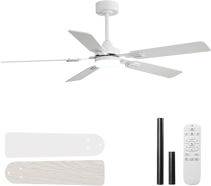 Iceifan White 52 Inch Ceiling Fans with Lights and Remote Control,Reversible Ceiling Fans with Dimmable LED Lights and Remote DC Motor 6 Speeds Indoor/Outdoor Ceiling Fan for Bedroom Patios Porch
