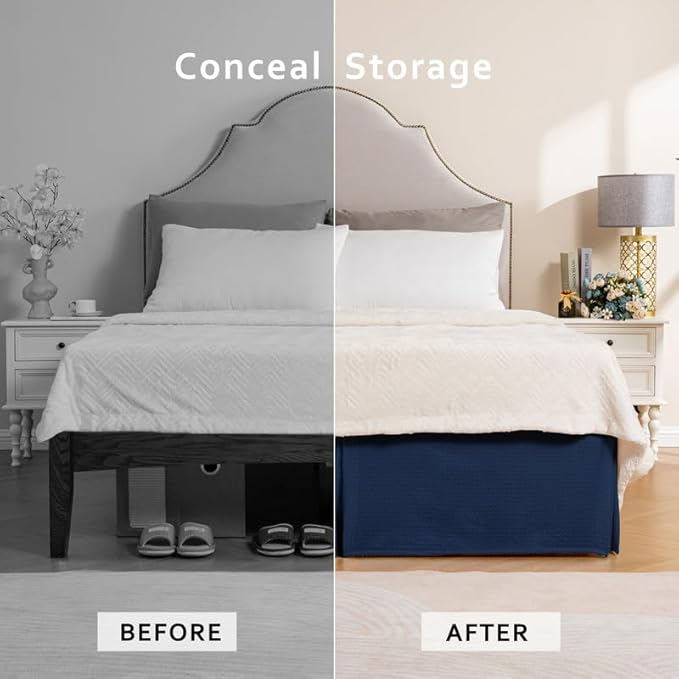 MIYE Pleated Waffle Weave Bed Skirt, Tailored Dust Ruffle 14 Inch Drop Easy Fit, Machine Washable (Navy Blue, King - 14" Drop)