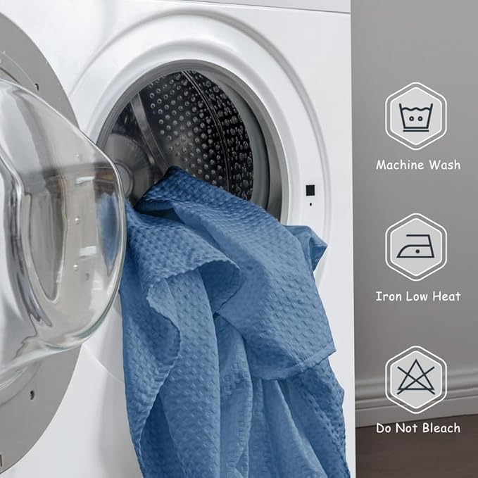 MIYE Pleated Waffle Weave Bed Skirt, Tailored Dust Ruffle 22 Inch Drop Easy Fit, Machine Washable (Blue, Full - 22" Drop)