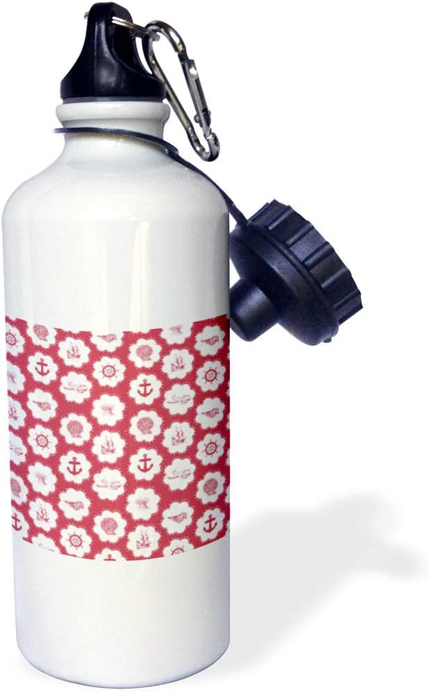 3dRose "Vintage Red Nautical pattern seashells starfish anchors sailboats ships and sailor wheels" Sports Water Bottle, 21 oz, White