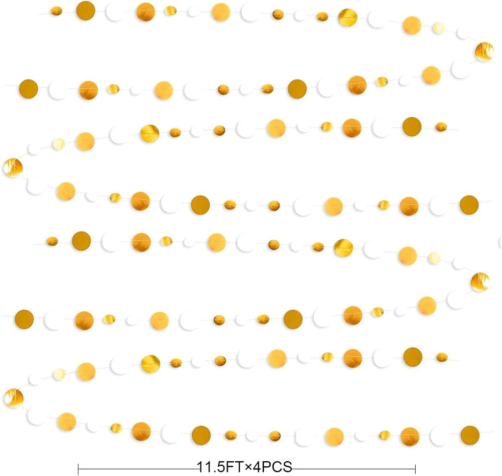 46 Feet White and Gold Circle Dots Garland Hanging Paper Polka Dots Streamer for Birthday Bachelorette Engagement Anniversary Wedding Baby Bridal Shower Christmas Holiday Party Decorations Supplies