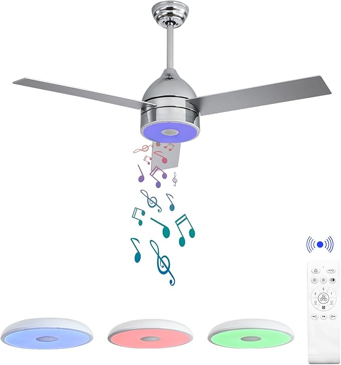 52 Inch Plated Finish Ceiling Fan with RGB Dimming LED Light,with Music Bluetooth Speaker,Remote Control,3-Speed Regulation,Reversible Motor,Timing,for Living Room,Bedroom,Restaurant,Outdoor
