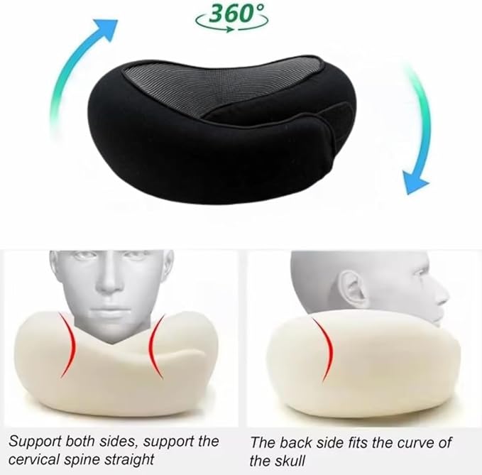 Memory Foam Neck Pillow for Travel, Adjustable Velcro Strap, Durable and Easy to Clean.Reduces pressure points and promotes better alignment, helping prevent neck pain (Black).