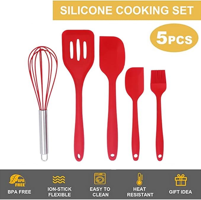Kids Cooking Utensils Set - 5-Piece Kids Kitchen Tools - Safe Kids Baking Set - Food Grade Toddler Chef Supplies - Gender Neutral Silicone Cookware Kit with Spatula