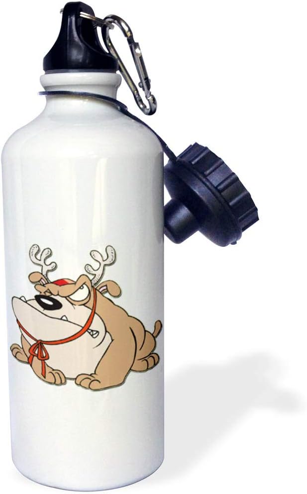 3dRose "English Bulldog With Reindeer Horns" Sports Water Bottle, 21 oz, White
