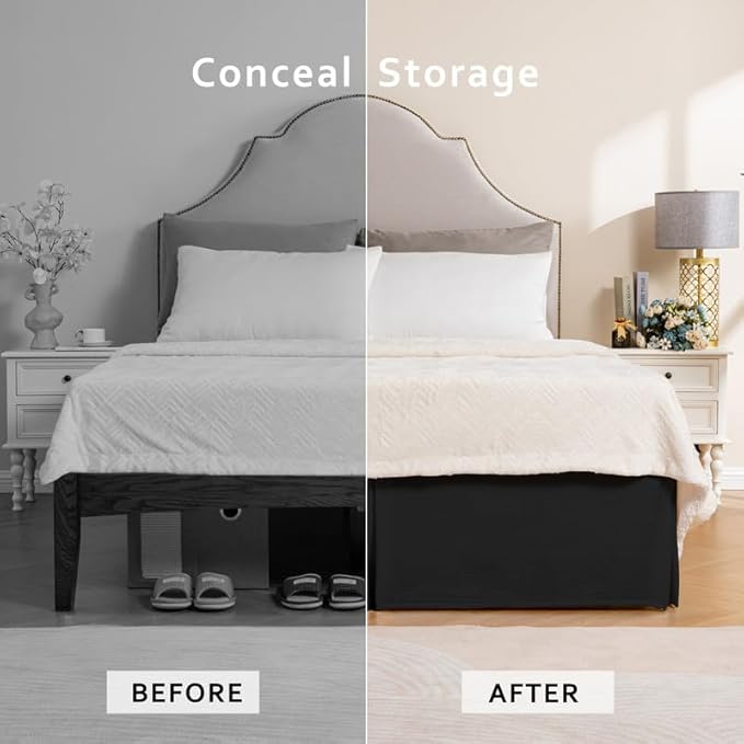 MIYE Pleated Waffle Weave Bed Skirt, Tailored Dust Ruffle 16 Inch Drop Easy Fit, Machine Washable (Black, King - 16" Drop)