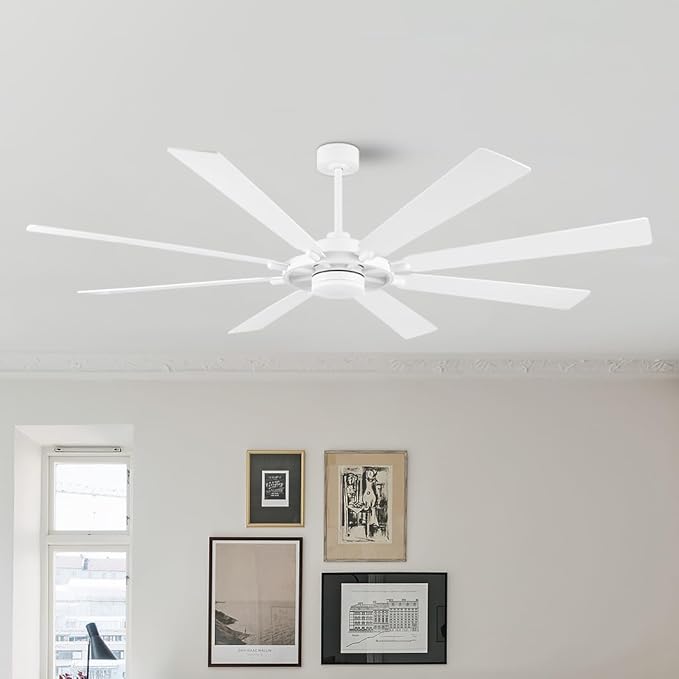 80" Ceiling Fan with Lights and Remote Control, Wood 8 Blades 6-Speed Noiseless Reversible DC Motor, 3 Downrods, Modern Large Ceiling fan for Covered Patio Bedroom Living Room Office, White