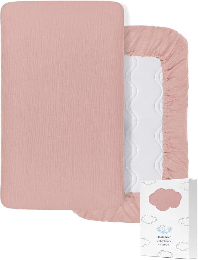 28" x 52" Fitted Crib Sheet for Girl, Pink Muslin Baby Crib Sheets for Standard Crib Mattress, Soft and Breathable Neutral Cotton Crib Sheets (46C-01)