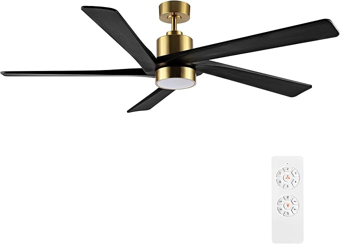 WINGBO 54 Inch DC Ceiling Fan with Lights and Remote Control, 5 Reversible Carved Wood Blades, 6-Speed Noiseless DC Motor, Modern Ceiling Fan in Brass Finish with Black Blades, ETL Listed