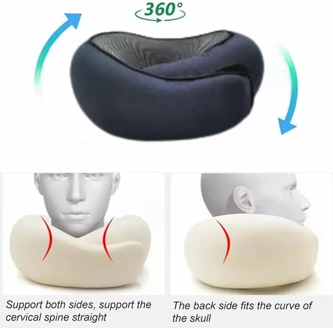 Memory Foam Neck Pillow for Travel, Adjustable Velcro Strap, Durable and Easy to Clean.Reduces Pressure Points and Promotes Better Alignment, Helping Prevent Neck Pain (Navy-Blue).